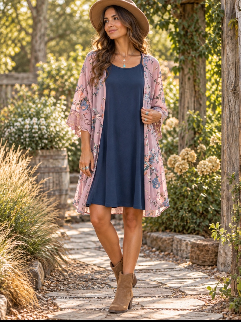 WallFlower Boho Bundle
Navy Swing Dress & Pink Floral Kimono size Large
